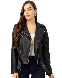 TOPLOT Full Sleeve Black Solid Jacket for Woman's Biker Style
