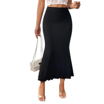 Women's Ribbed Knit Midi Skirt, High Waist