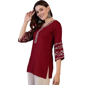Black Rayon Tunic Top with Embroidered Sleeves, 3/4 Designer Sleeves