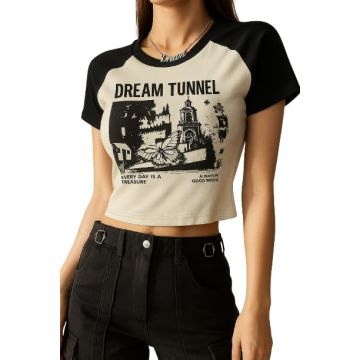 Wear Wild Women's Dream Tunnel Graphic Cotton Ribbed Round Neck Short Sleeve Casual Slim Fit Crop Tops 