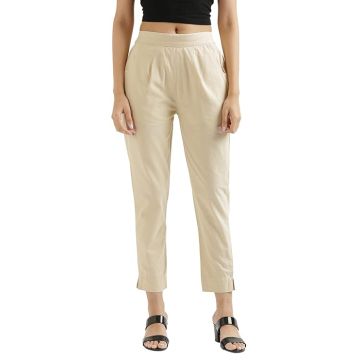 Women's Slim Fit Mid Rise Cotton Pant Half-Elasticated Waist Regular Trouser