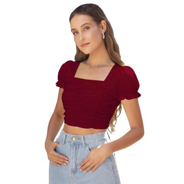 Floral Puff Sleeve Elastic Crop Top 