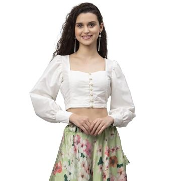 studio rasa Women's Silk Blend Button Down Crop Top