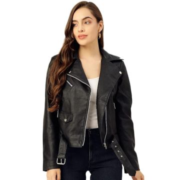 TOPLOT Full Sleeve Black Solid Jacket for Woman's Biker Style