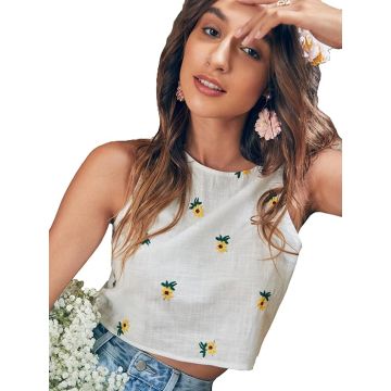 Aahwan Women's 100% Cotton Relaxed Fit Solid Flower Embroidery Semi-Sheer Tank Crop Top