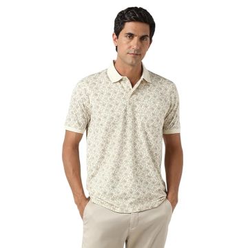 Peter England Men's Cotton Abstract Floral Print Polo Shirt -cream-XL-Cotton