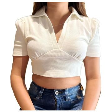 Aahwan Women's & Girls' Solid Basic V Neck Collared Ribbed Slim Fit Crop Top